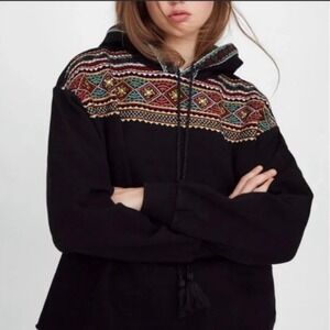 Zara Womens Embroidered Hoodie Boho Folk Tassel Black Medium